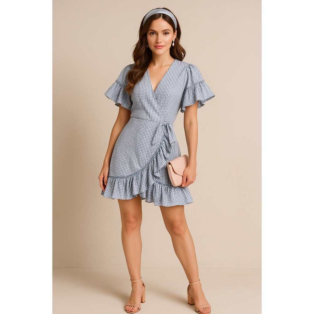 Max Studio Wrap Dress Womens M Blue Gingham Check‎ Cottagecore Ruffle Milkmaid